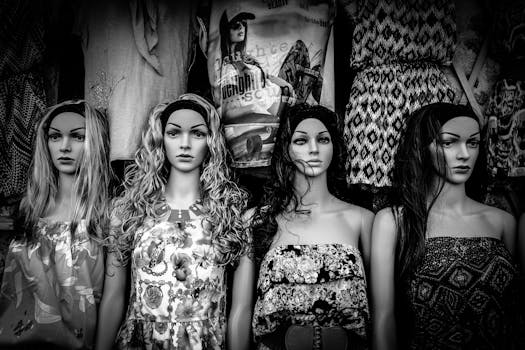 展示穿着各种时尚连衣裙的黑白人体模型