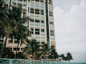 阴天，郁郁葱葱的棕榈树环绕着现代高层建筑