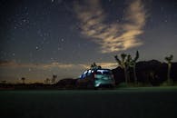 在约书亚树国家公园的星空下，夜间停着一辆汽车