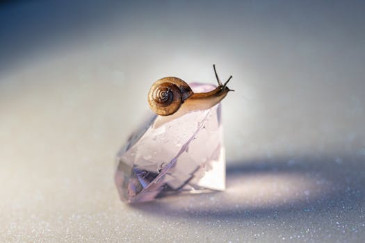 A close-up image of a snail on a shiny crystal, highlighting the delicate textures and reflections.