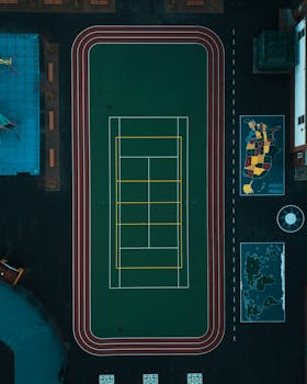 Aerial view of a tennis court and running track in a Brooklyn playground, showcasing vibrant colors.