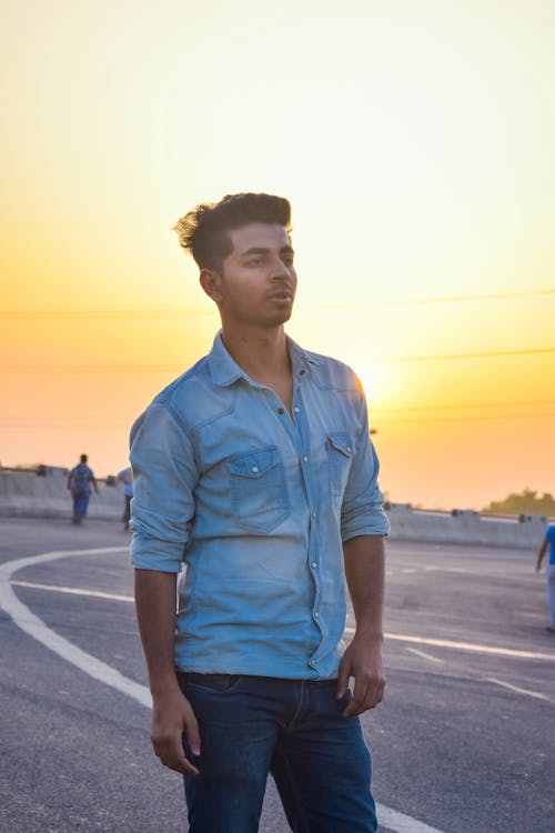 Man Wearing Blue Chambray Top