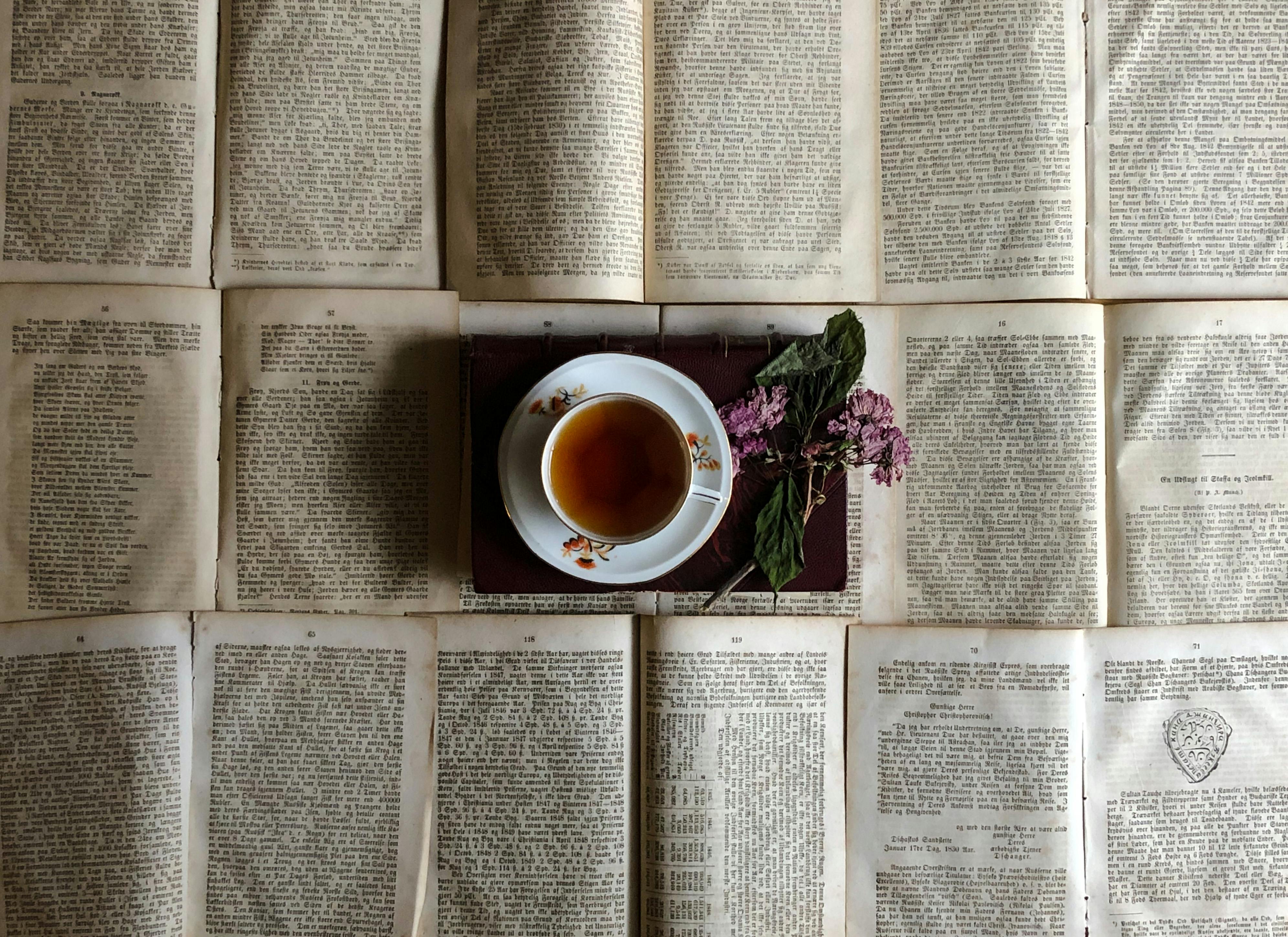 Book Laid Beside A Tray With A Cup Of Tea Free Stock Photo