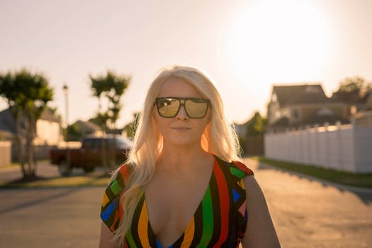 A fashionable woman wearing sunglasses in a vibrant dress during sunset in a suburban neighborhood of Memphis, Tennessee.