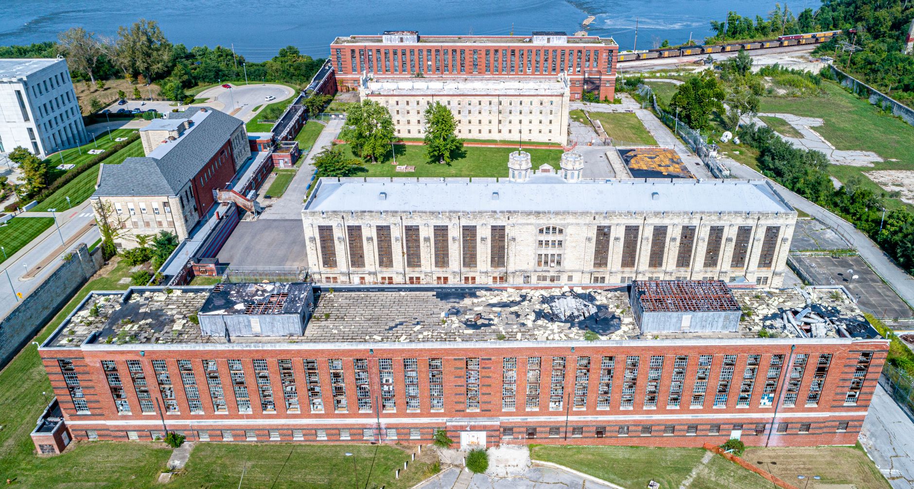 Bird's-eye view of the historic Missouri State Penitentiary in Jefferson City, Missouri.