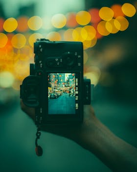 A DSLR captures the vibrant streets of New York City at night, showcasing urban life.