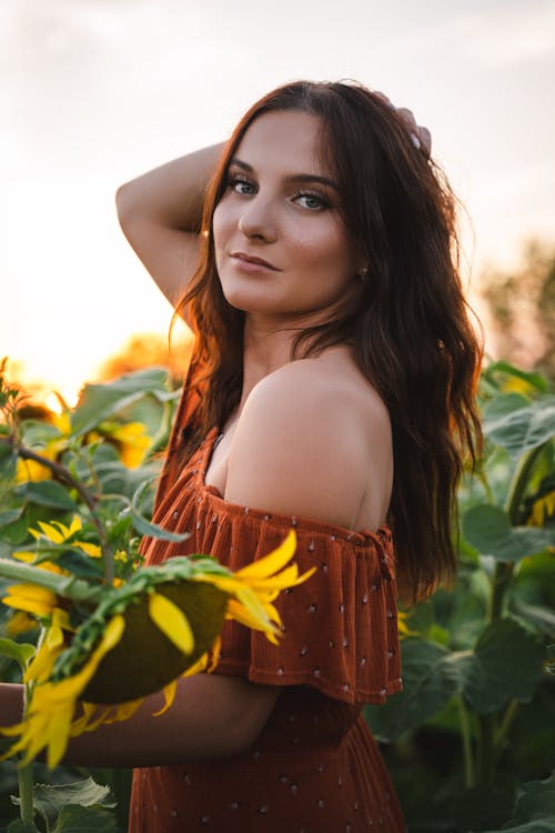 Pretty Brunette Posing Amid Blooming Sunflowers