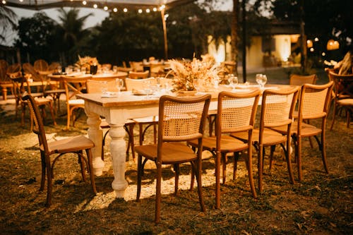 Free Set table at wedding party at evening Stock Photo