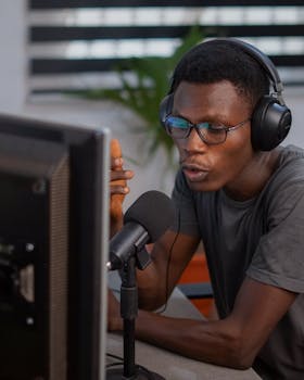 Focused young man using microphone and headphones in a modern indoor studio setting.