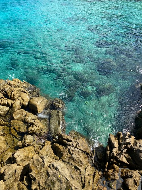 Free Crystal clear turquoise waters and rugged rocks on Seychelles' coastline, offering a tranquil natural setting. Stock Photo