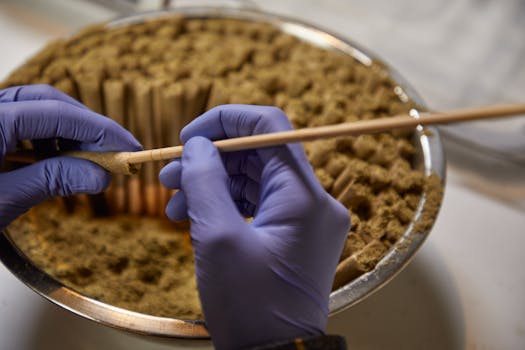 Close-up of hands rolling marijuana with gloves in a stainless steel bowl.