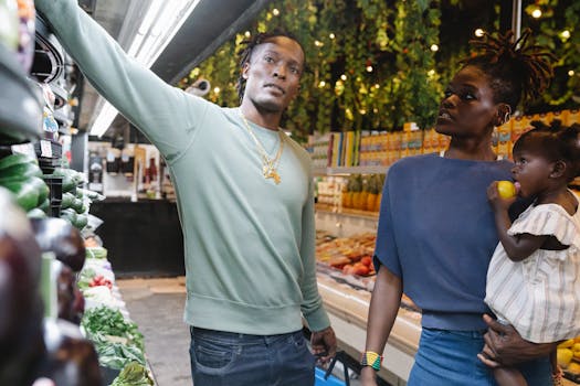 A family shopping for fresh produce in a grocery store's vibrant produce aisle.