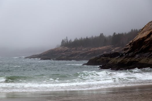 Foggy seascape featuring rocky cliffs, sandy beach, and gentle ocean waves.