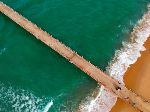 Aerial Photography of Brown Boardwalk Near Green Water on Beach