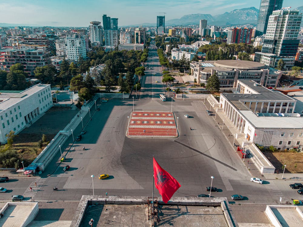Free Drone Shot of Skanderbeg Square in Tirana, Albania Stock Photo