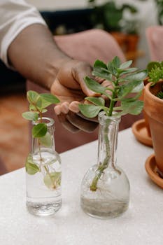 A person holds a propagated plant in a glass bottle, showcasing indoor gardening.