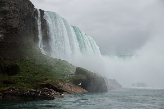 Breathtaking view of Niagara Falls with cascading water and misty atmosphere.