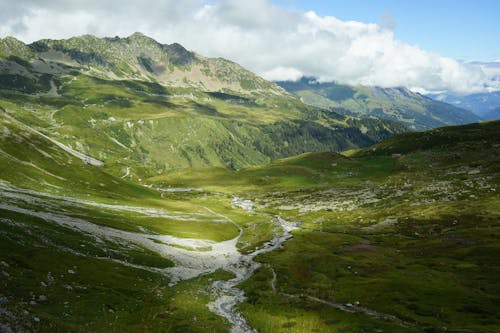 Green Valley Under White Clouds on the Blue Sky