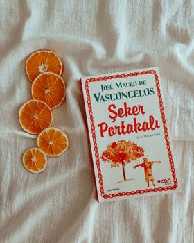 A flat lay photo featuring a book cover beside sliced oranges on a soft fabric surface. — photo by Canan Selvi