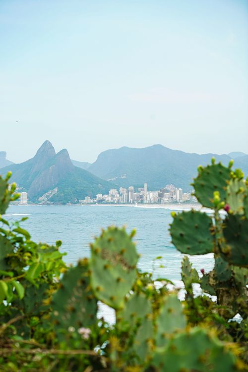 Free Vibrant coastal landscape of Ipanema Beach with lush vegetation and Two Brothers Mountain in Rio de Janeiro. Stock Photo