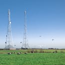 在英国肯特郡的一片绿地上，羊群正在两座输电塔旁放牧