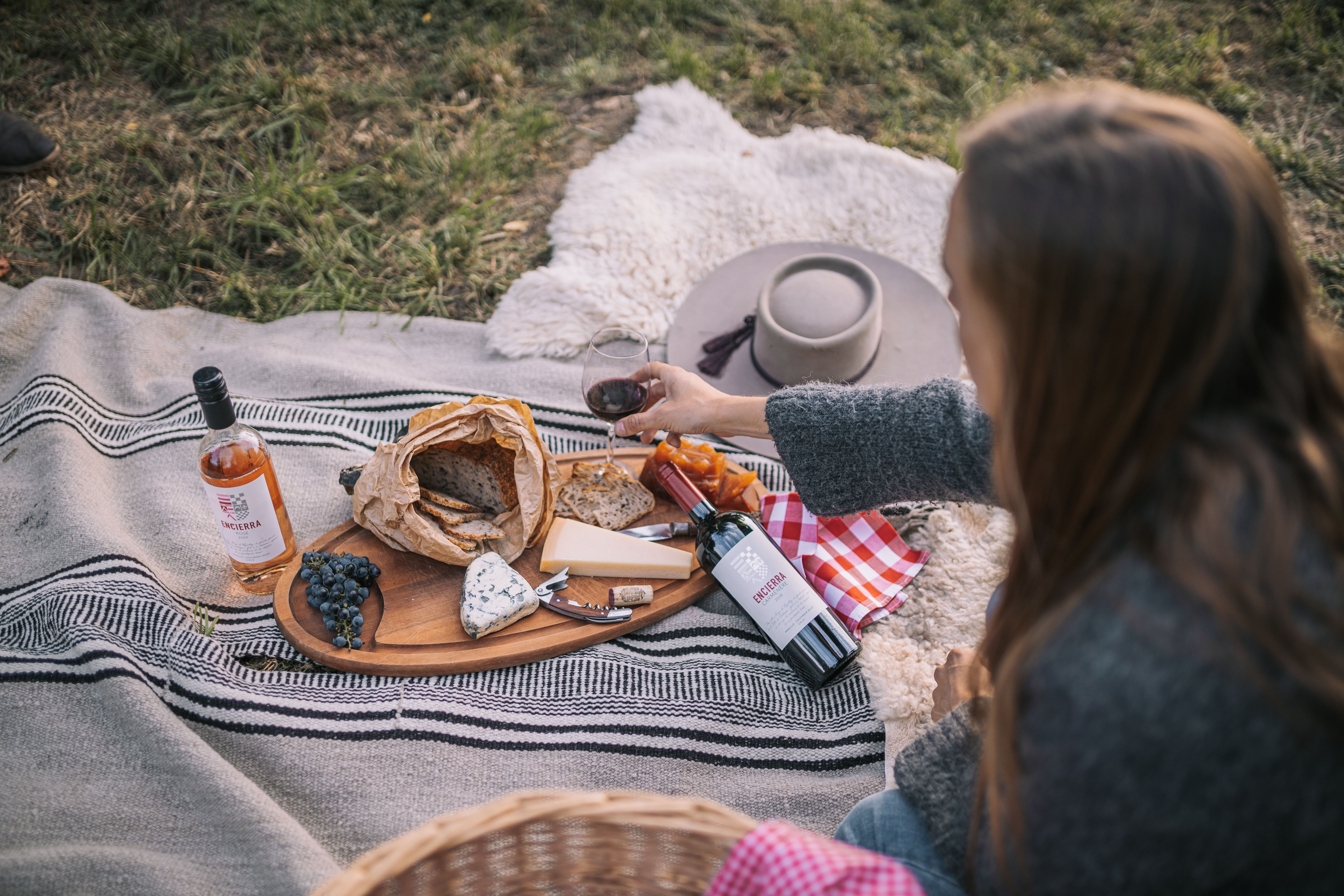 Outdoor picnic scene with wine, cheese, and bread, capturing leisure and indulgence.
