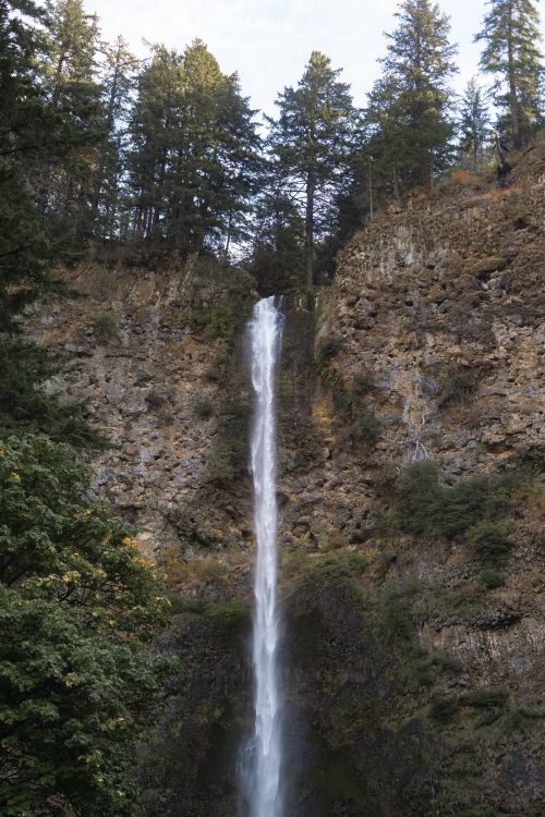 Free A tall, picturesque waterfall cascading amidst lush green trees and rocky formations. Stock Photo