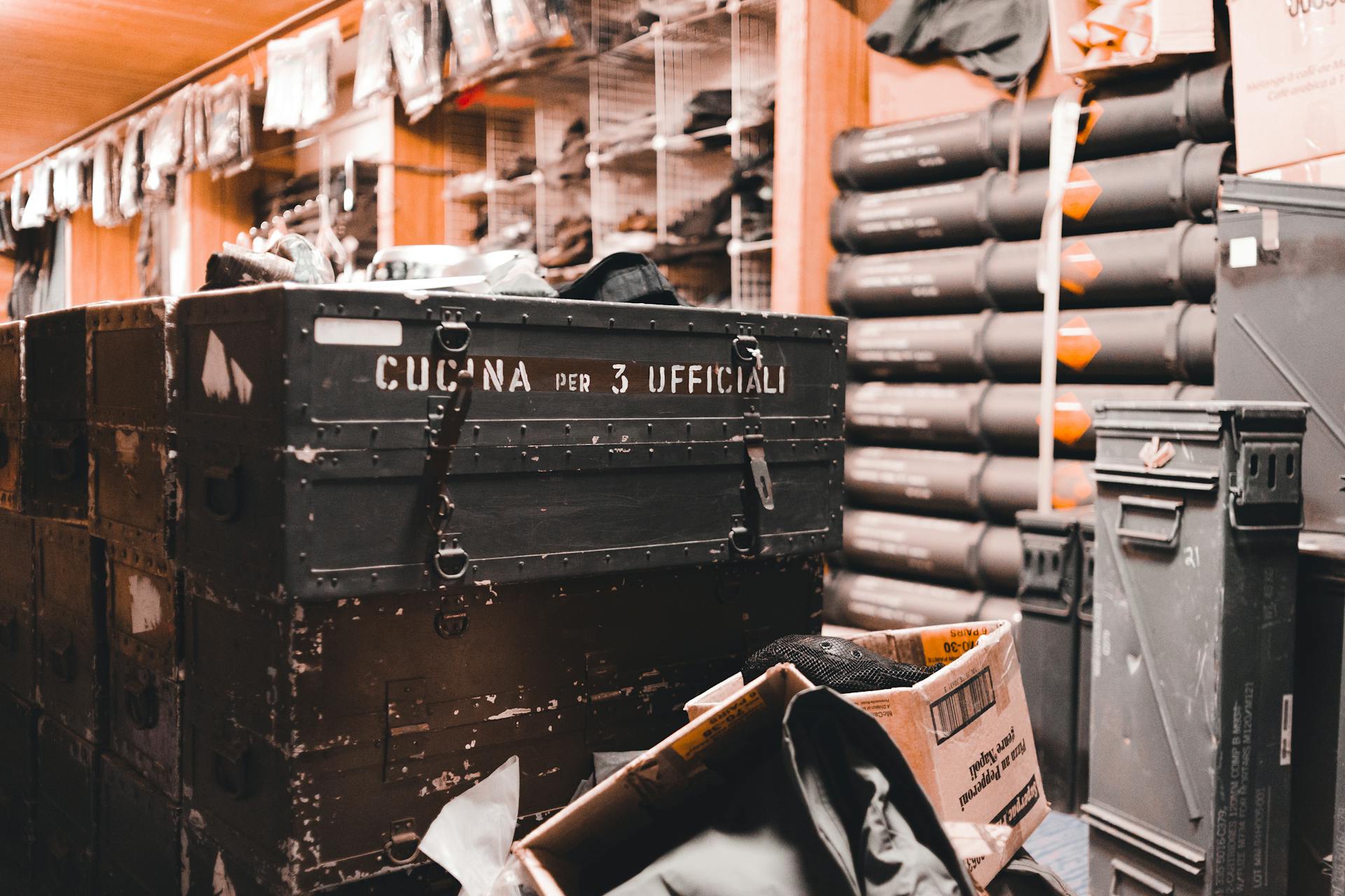 Military Crates With Kitchen Equipment in a Storage Room