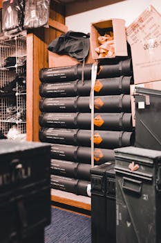 Stacked black storage cases and containers in a well-organized industrial warehouse setting.