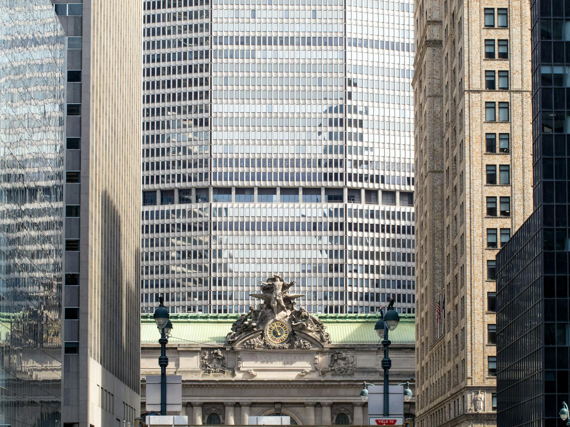 View of the Grand Central Terminal beneath the MetLife Building in New York City.