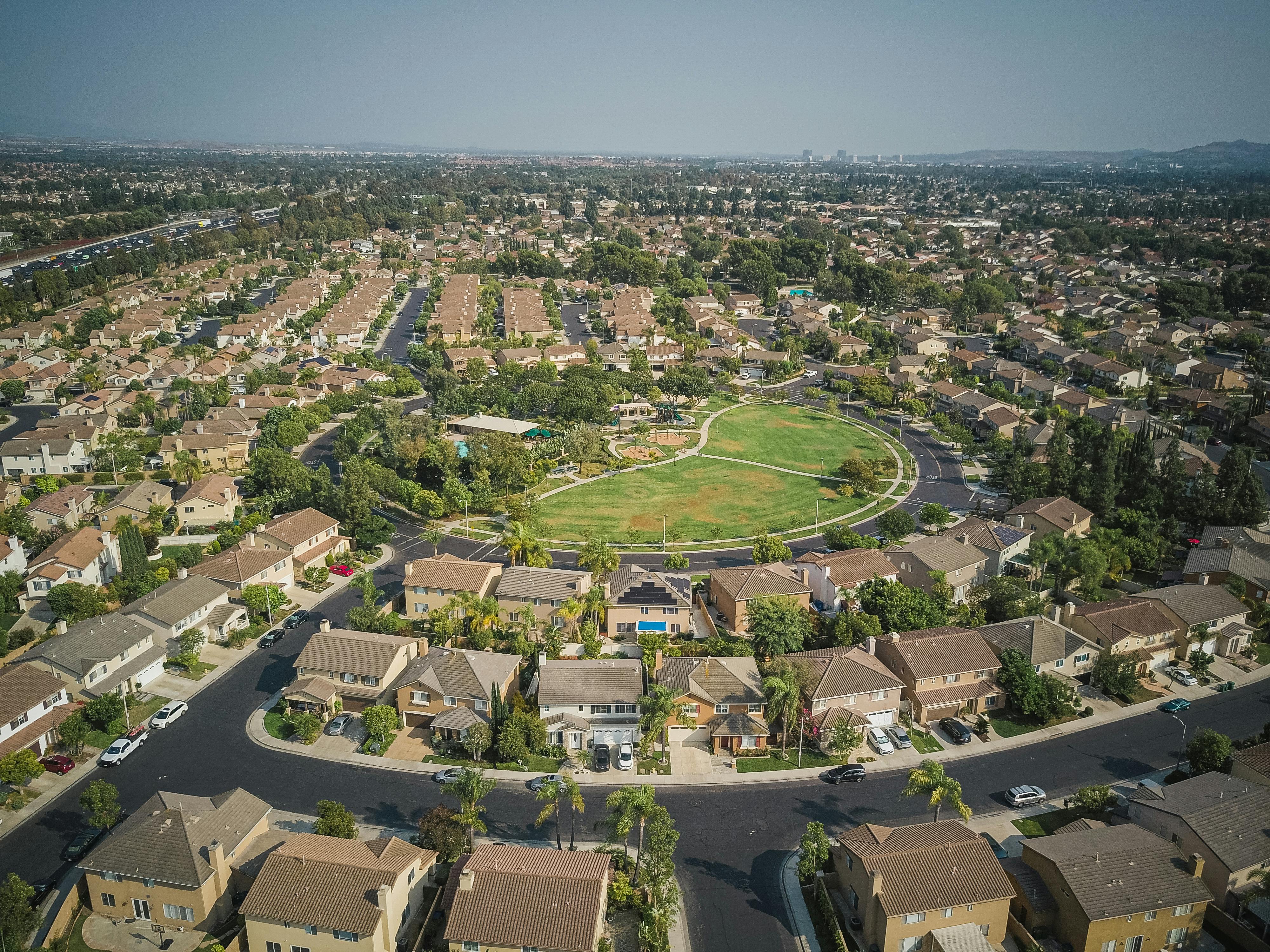 drone shot of beautiful houses on a village