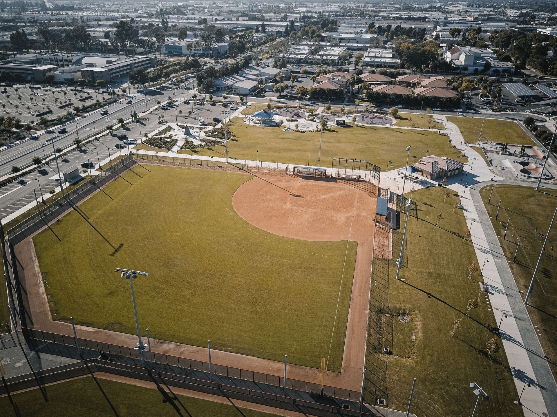 Aerial view of a baseball field in a park