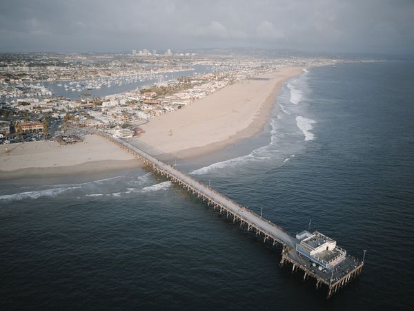 Aerial view of Newport Beach pier and coastline, Orange County California