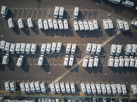 Aerial perspective showcasing a parking lot filled with parked camper vans.