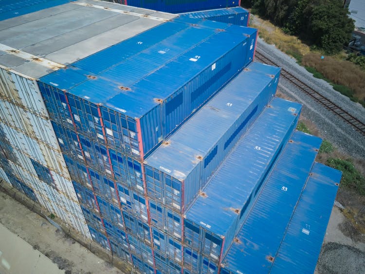 Aerial Shot Of Blue Cargo Containers