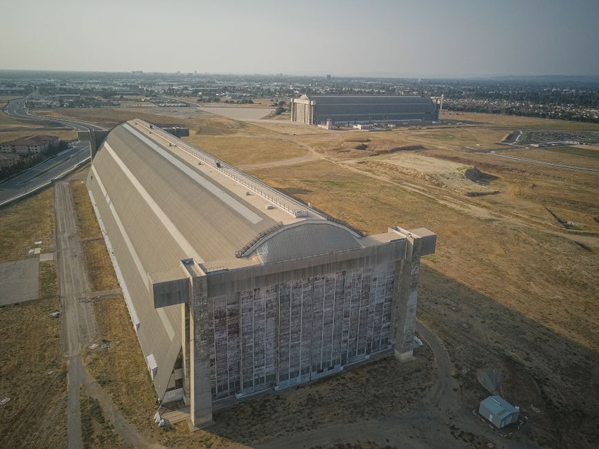 Aerial photograph showcasing the iconic Tustin hangars in California, USA.