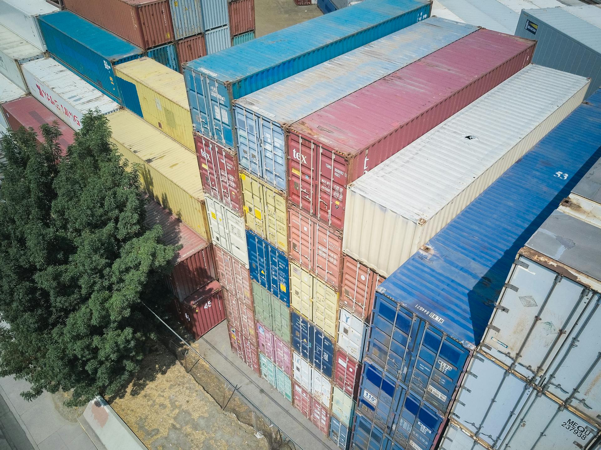 Piles of Shipping Containers Near a Tree