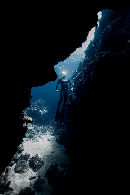 Free Diver in wetsuit and flippers in sea Stock Photo