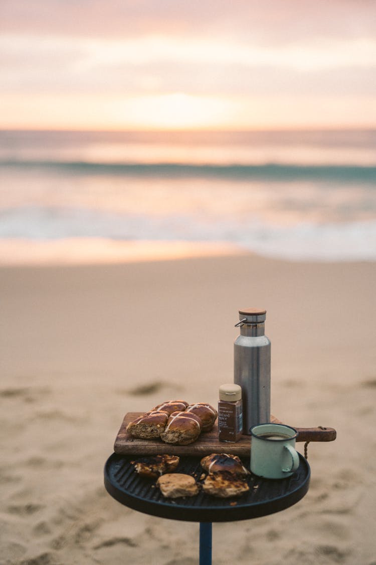 Camping Table With Grilled Meat At Beach