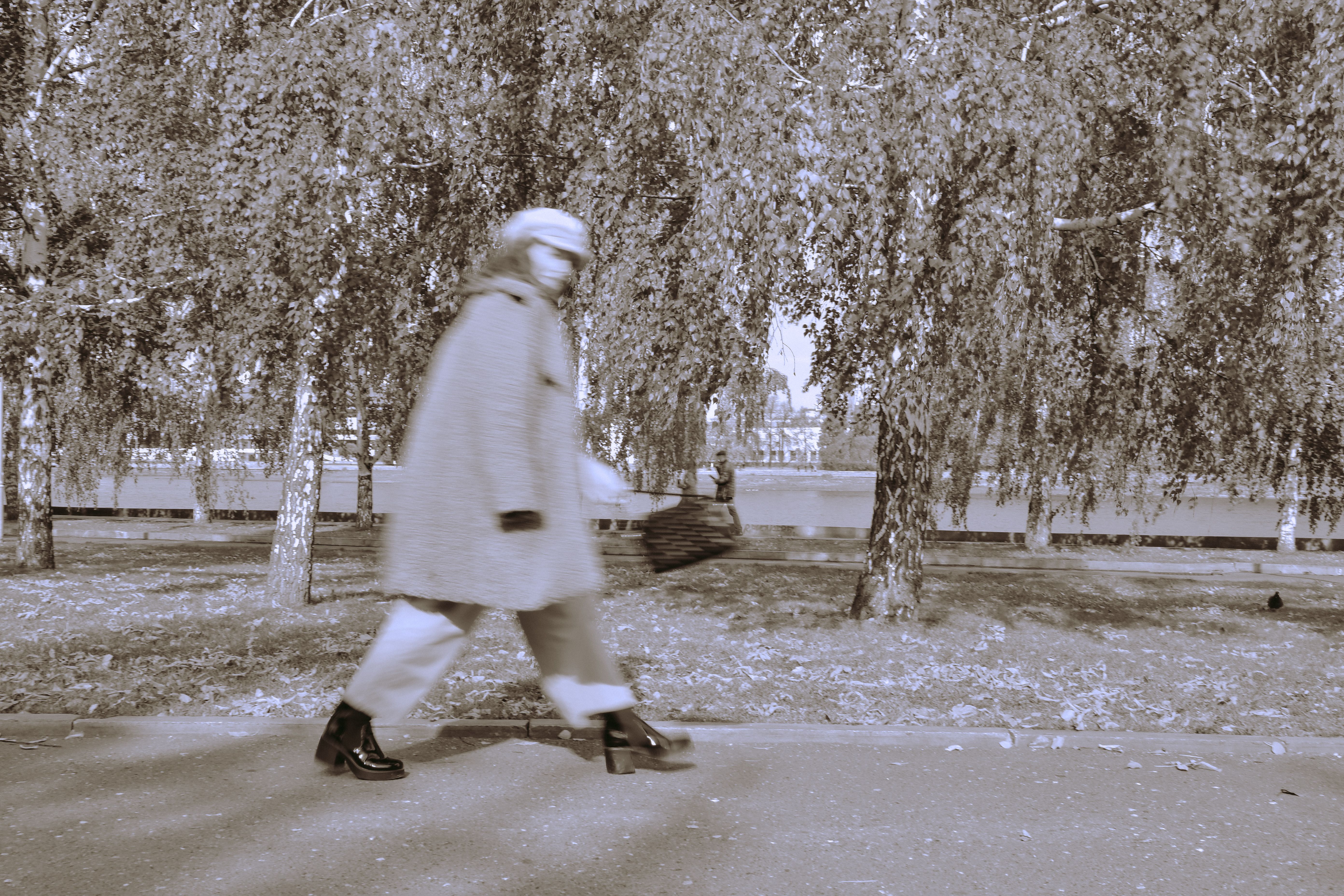 Blurred image of a woman in motion walking on a tree-lined path on a fall day.