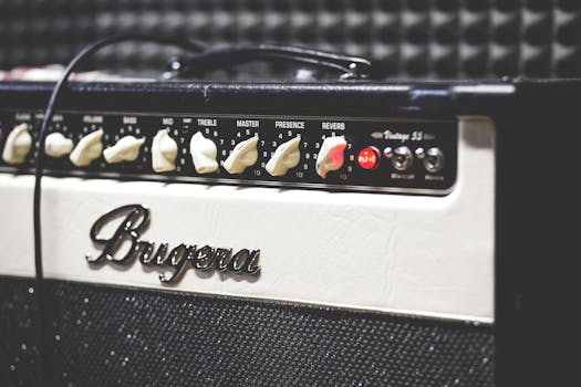 Detailed shot of a Bugera Vintage 55 guitar amplifier in a sound studio.