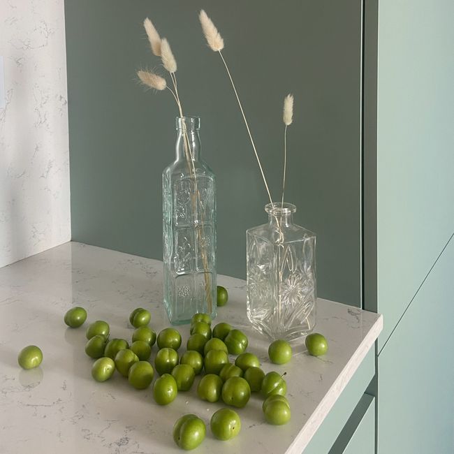 Stylish kitchen decor featuring two vases and fresh green plums on a marble countertop.