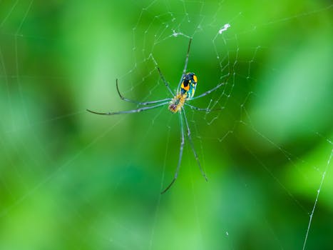 Detailed macro image of a colorful spider sitting on its web with a blurred green background.