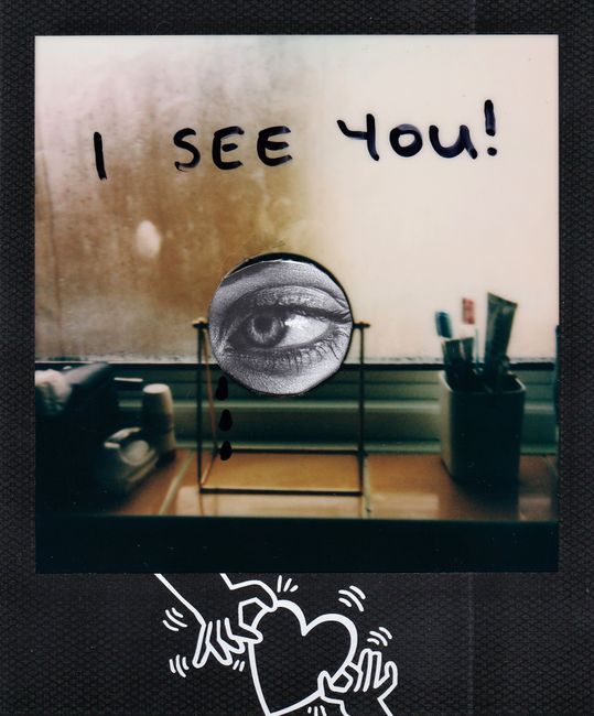 Artistic composition featuring an eye, heart, and the message 'I see you' on mirrored background.