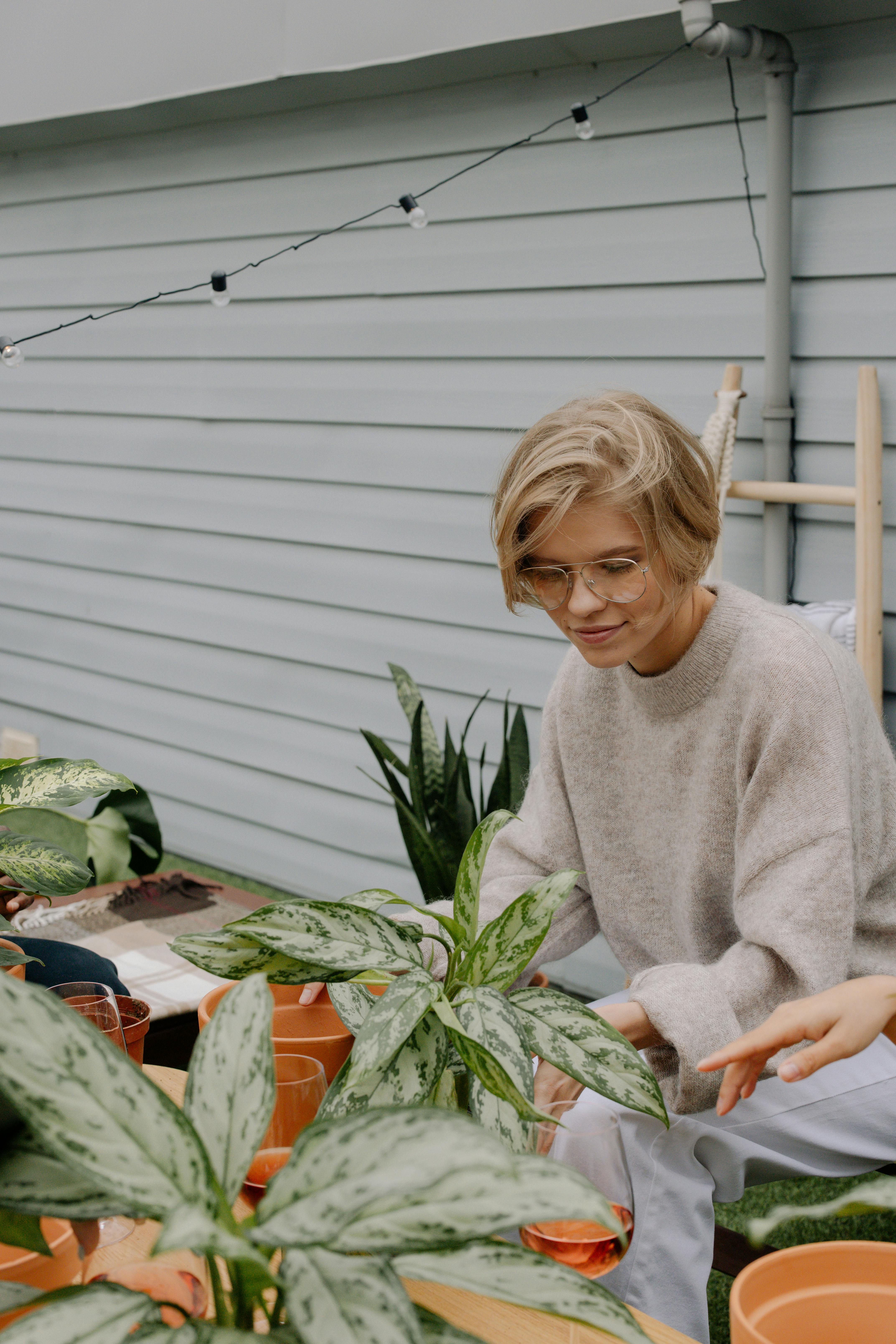 woman in sweater planting a green plant