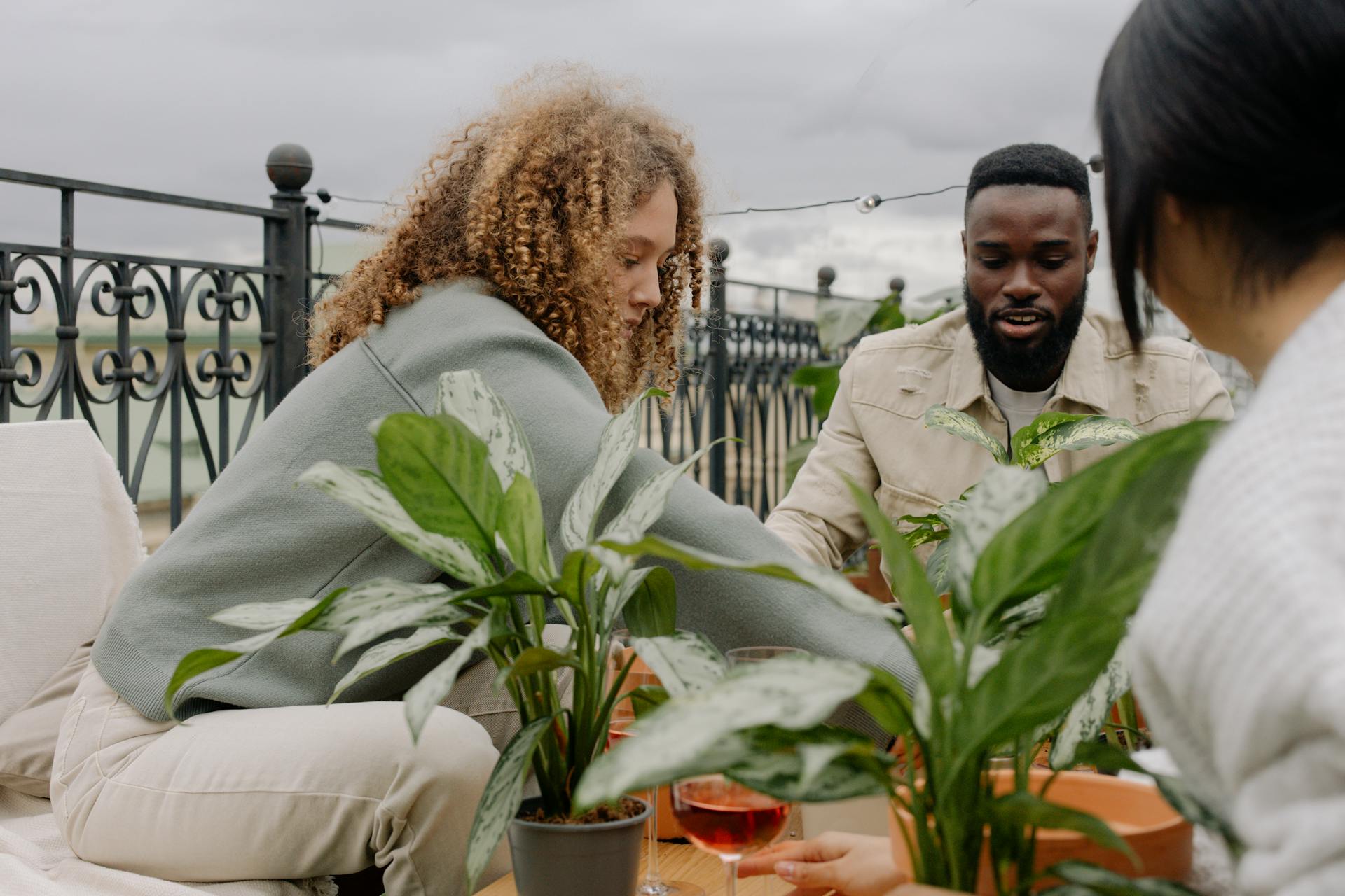 Diverse group of friends tending to plants on a rooftop terrace, enjoying gardening and conversation.