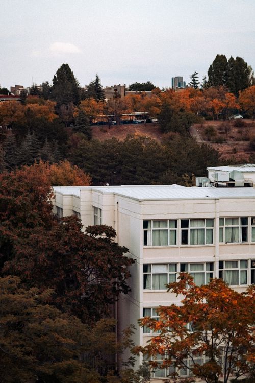 Free Aerial view of a modern building amidst colorful autumn foliage in Ankara, Turkey. Stock Photo