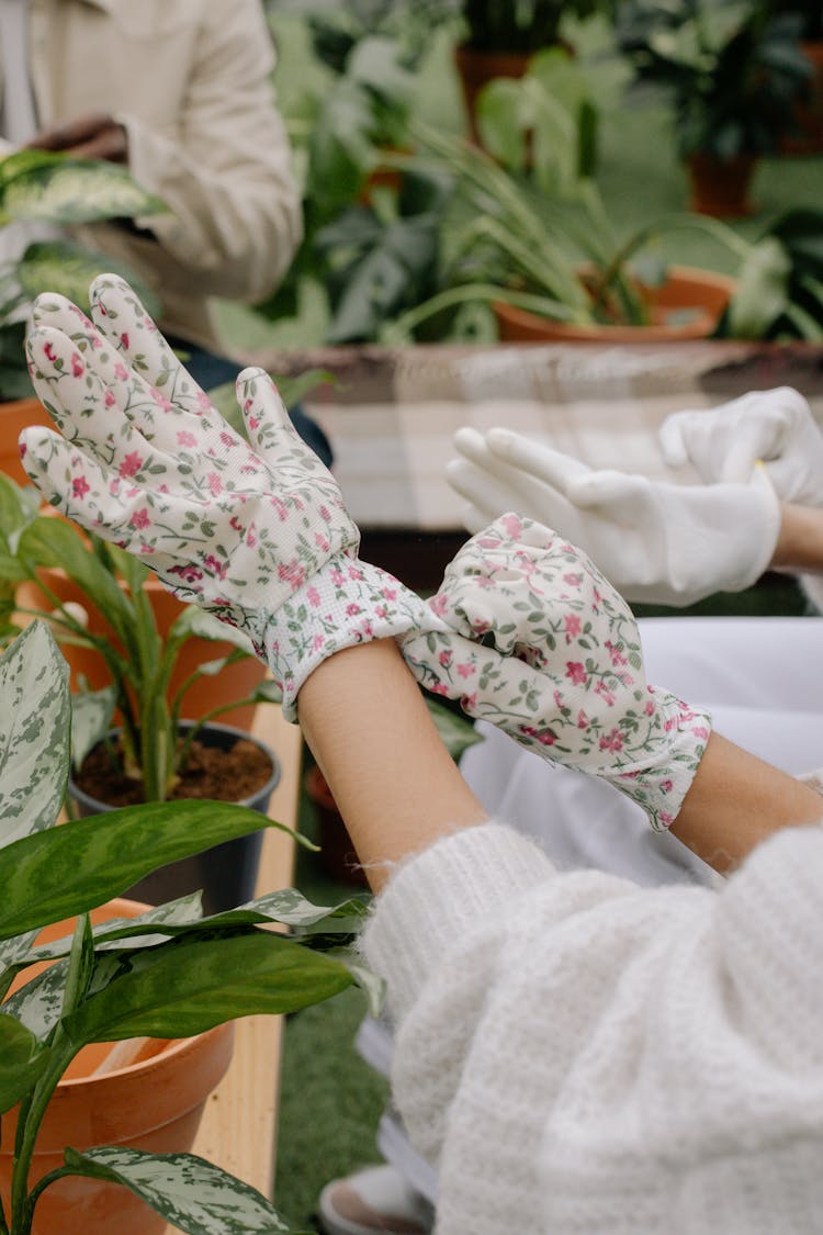 Person Wearing White And Pink Floral Gloves