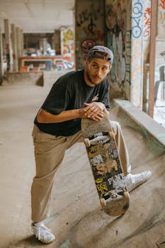 Adult male skateboarder leaning on skateboard in urban graffiti skatepark, capturing a casual and creative spirit.