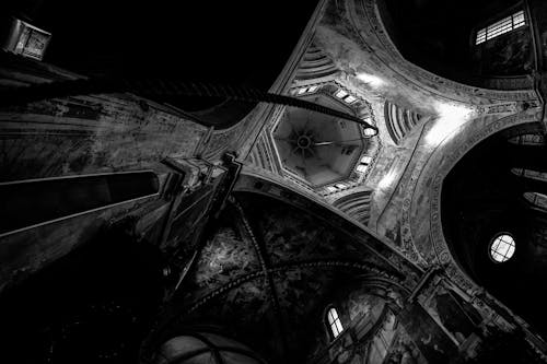 Grayscale Photography of Buildings Ceiling